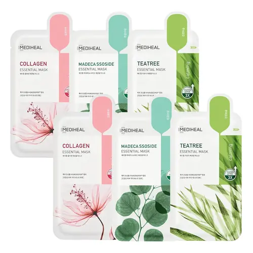 Mediheal Sheet Mask Essential HERO 6 pack (Collagen, Tea Tree, Madecassoside)| Korean Skincare Facial Sheet Mask Combo Moisturizing, Soothing and for Blemishes