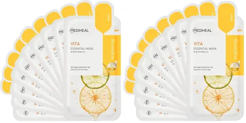 Mediheal Best Korean Sheet Mask - Vita Essential Face Mask 10 Sheets Vitamin Mask For All skin types Smoothing Tightening Toning up Brightening (Pack of 2)