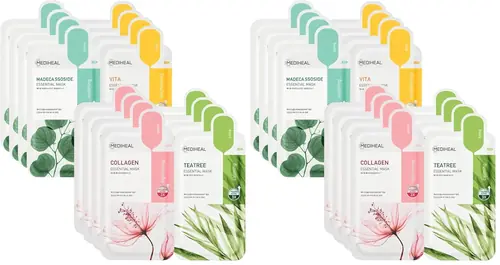 Mediheal Sheet Mask New Essential HERO 32 pack (Collagen, Tea Tree, Madecassoside, Vita) | Korean Skincare Facial Sheet Mask Combo Kbeauty Korean Glass Skin