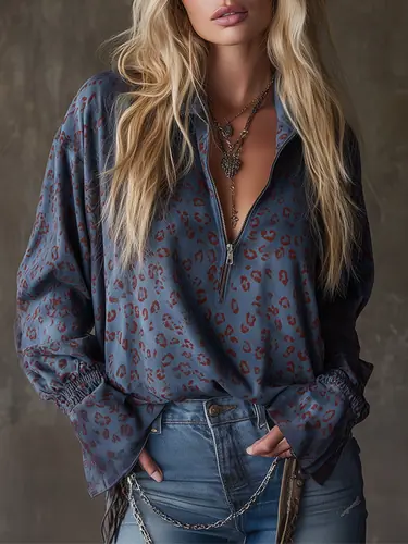 Western-style Casual Leopard Print Blue Faux Suede Shirt