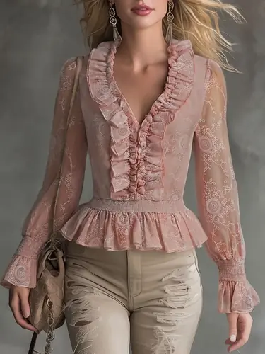 Elegant Pink Chiffon Lace Ruffled Shirt