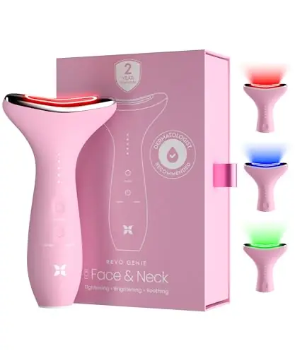 REVO Genie | 3-in-1 Face & Neck Beauty Massager with Heat, 3 Light Therapies, Smart Vibration | Red Light, Blue Light, Green Light Therapy for Smooth Glowing Skin - Pink Pearl