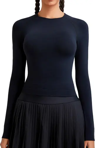 RUNNING GIRL Long Sleeve Yoga Shirts for Women, Soft Fitted Seamless Shirts Stretchy Casual Crew Neck Athletic Casual Basic Shirt