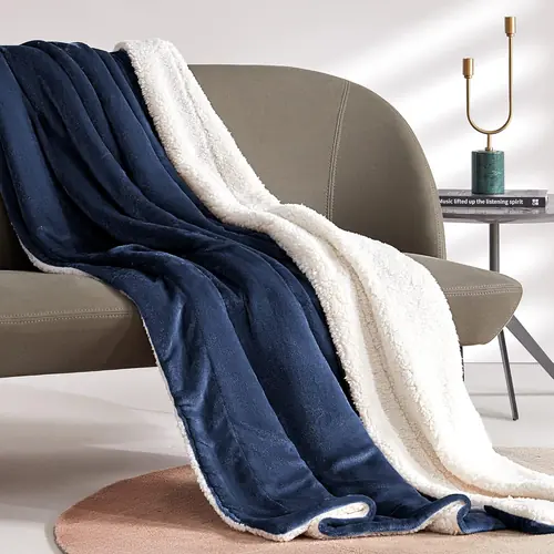 SLEEP ZONE Sherpa Fleece Blanket Queen Size(90"x90") for Bed - Fuzzy Plush Ultra Soft & Warm Blanket for All Seasons, Navy