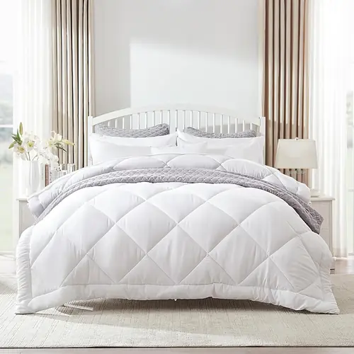 SLEEP ZONE Twin XL Comforter Sets for College, Down Alternative Comforter (68 * 88 Inch) with 1 Pillow Sham, 1 Pillowcase, 1 Fitted Sheet, 1 Flat Sheet (White Square, Twin XL)