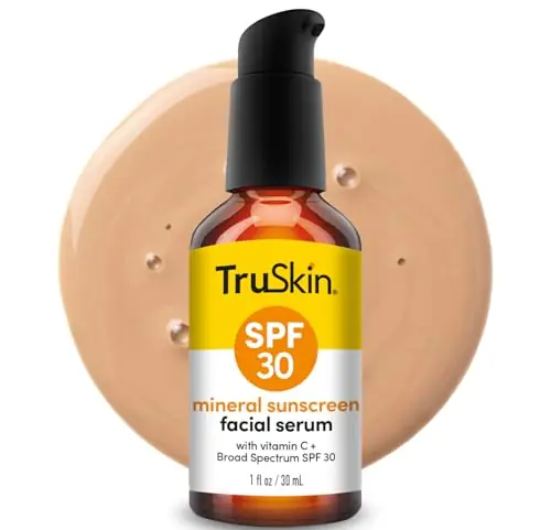TruSkin Sunscreen Serum for Face - SPF 30 Universal Tinted Mineral Sunscreen Face Serum with Zinc Oxide - Sheer, Lightweight Finish with Vitamin C, Hyaluronic Acid, Ceramides & Niacinamide, 1 fl oz
