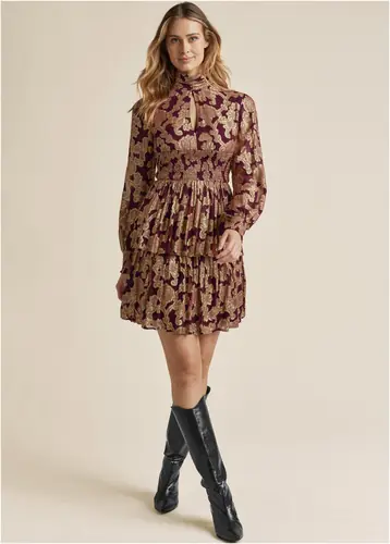 Smocked Waist Jaquard Mini Dress - Wine & Gold