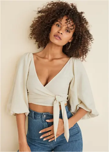 Linen Wrap Top - Cream