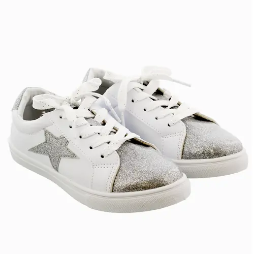 Kensie Girl Low Top Sneaker Casual Lace Up Shoes, Silver Glittery Stars