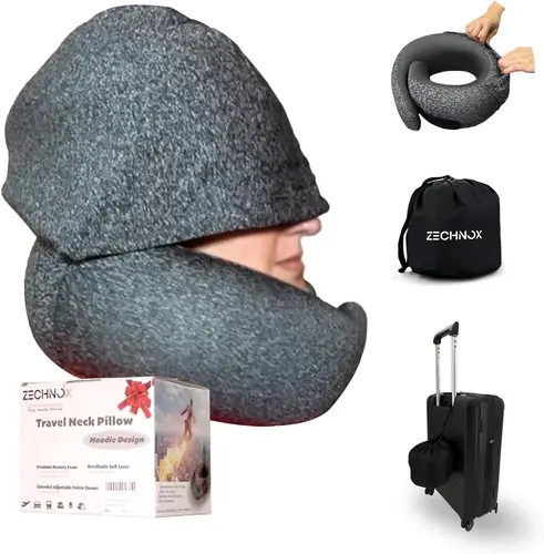 Ergonomic Travel Neck Pillow with Stowable Hood,Neck Pillow Airplane,Premium Memory Foam,360º Contoured Design,Washable Cover,Complete Travel Set,Ideal for Airplane,Car and Office (Black)