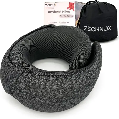Ergonomic Travel Neck Pillow with Stowable Hood,Neck Pillow Airplane,Premium Memory Foam,360º Contoured Design,Washable Cover,Complete Travel Set,Ideal for Airplane,Car and Office (Black)