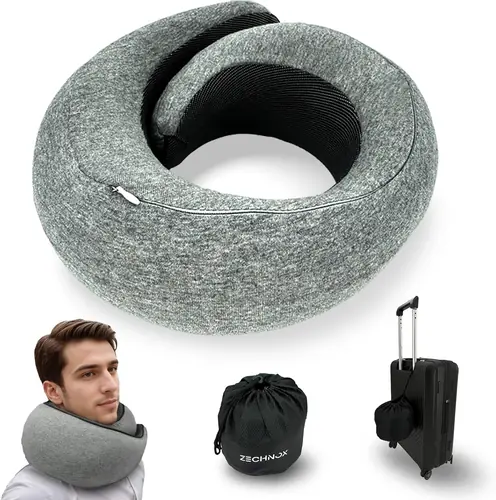 2024 Ergonomic Travel Neck Pillow,Neck Pillow Airplane,Premium Memory Foam,360º Contoured Design,Washable Cover,Neck Pillow For Sleeping, Complete Travel Set,Perfect for Airplane,Car and Office, Grey