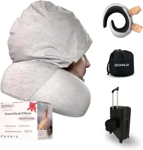 Ergonomic Travel Neck Pillow with Stowable Hood,Neck Pillow Airplane,Premium Memory Foam,360º Contoured Design,Washable Cover,Complete Travel Set,Ideal for Airplane,Car and Office