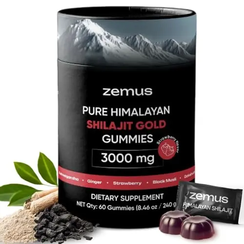 Zemus Himalayan Pure Shilajit Gummies I Lab Tested I Synergistic Blend of Ashwagandha & 5 Mushroom Complex | Fulvic Acid & 85+, Trace Minerals | for Men & Women (60 Count / 8.46 oz, Strawberry)