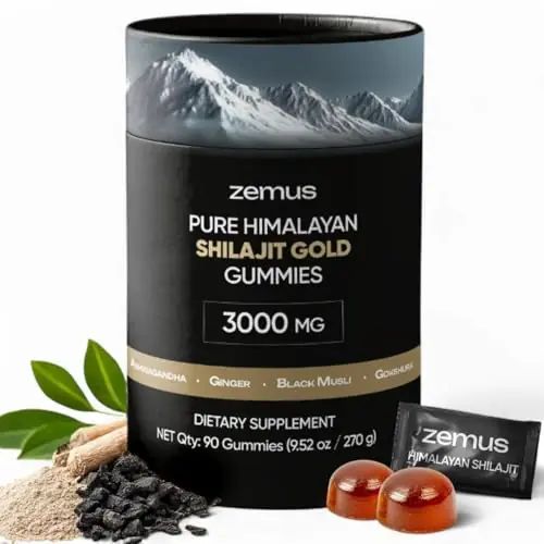 Zemus Himalayan Pure Shilajit Gummies I Lab Tested I Synergistic Blend of Ashwagandha & 5 Mushroom Complex | Fulvic Acid & 85+, Trace Minerals | for Men & Women (90 Count / 9.52 oz, Gold)