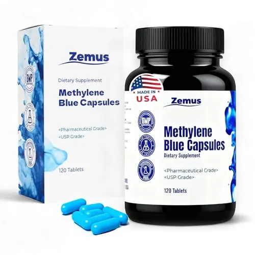 Zemus Methylene Blue Capsules – 15mg Pharmaceutical Grade USP – Made in USA – 99.9% Pure Methylene Blue for Human Use, Lab Tested, Cognitive Support - 120 Capsules