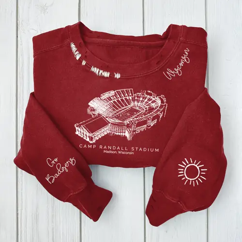 Camp Randall Stadium - Wisconsin Badgers football Unisex Distressed Monogram Collar Sleeve Embroidery Chain Stitch Sweatshirt