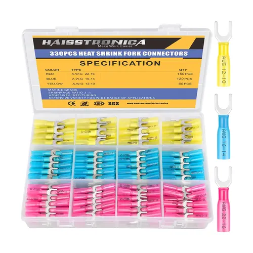 330PCS Heat Shrink Wire Connectors Fork Terminals AWG 16-14 22-16 12-10