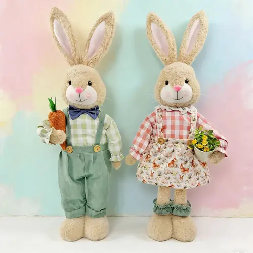 Easter Plush Bunny Gift - Standing Rabbit Figurines with Carrot & Flower Pot for Spring Decor