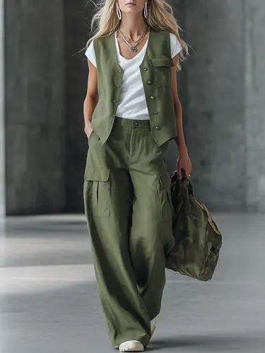 Stylish Retro Button-down Vest And Loose-fitting Trousers Set