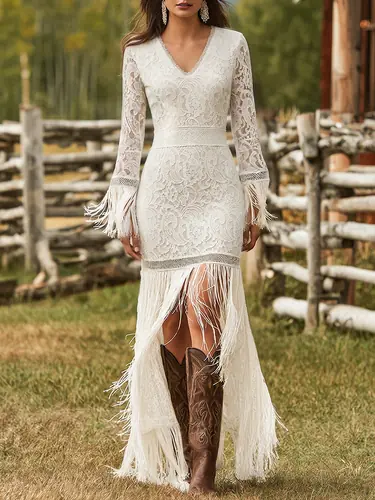 Retro White Lace V-neck Long Sleeve Tassel Short Front And Long Back Skirt Maxi Dress