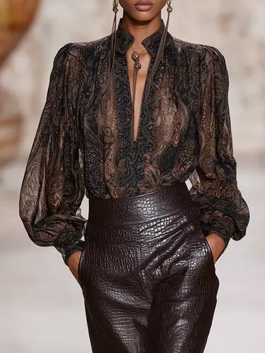 Premium Printed V-Neck Mocha Brown Printed Long Sleeve Shirt