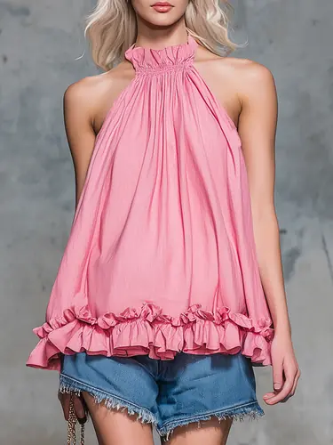 Retro Casual Stand-up Collar Sleeveless A-line Ruffle Top