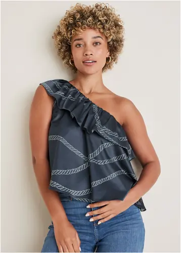 One Shoulder Ruffle Top - Yacht Rope Print