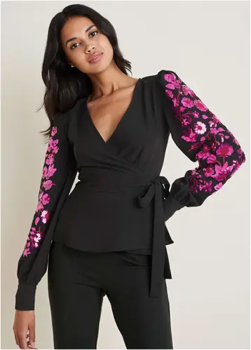 Sequin Sleeve Detail Blouse - Black Multi