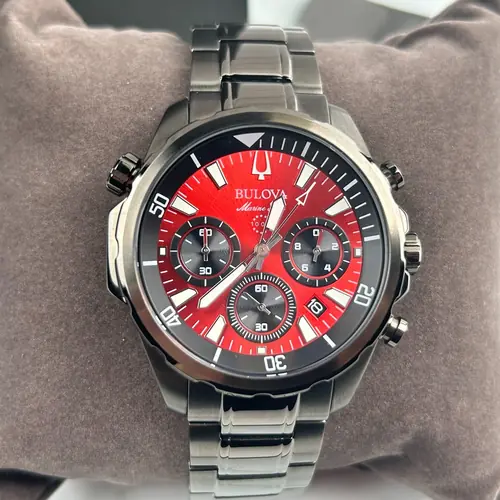 Bulova Men's Marine Star 98B350 Red Dial Gunmetal Strap Chronograph Quartz Watch
