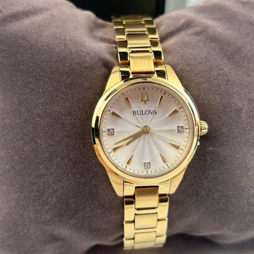 Bulova Women's Sutton White Diamond Dial Gold Strap 97P150 Quartz Watch 28MM New