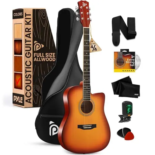 Pyle 41" Full-Size Acoustic Guitar Kit, Cutaway Body w/ Digital Tuner