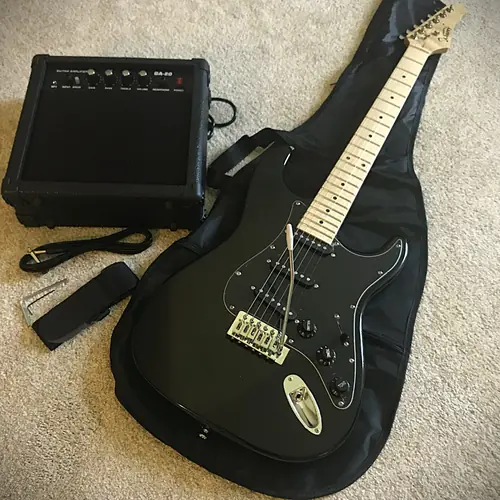 Full-Size Black Electric Guitar Starter Package with 20-Watt Amp and Accessories