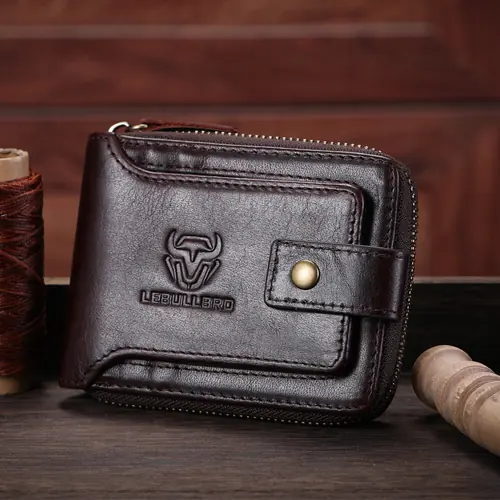 Mens Genuine Leather Zipper Wallet RFID Blocking Bifold Zip Around Card Holder
