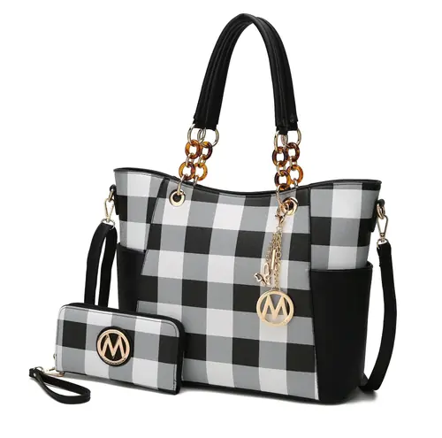 MKF Bonita Checker Tote & Wallet Set by Mia K – Multi-Color Vegan Leather Purse