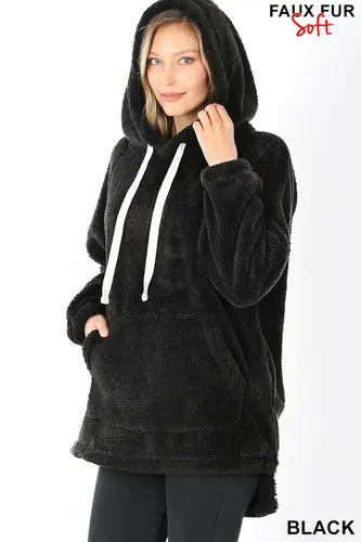 New Women's Faux Fur Relaxed Fit Pullover Kangaroo Pocket Hoodie