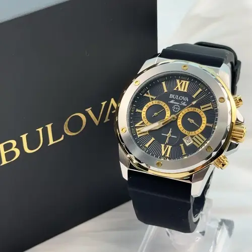 Bulova Marine Star Quartz Men's Watch Black Dial Silicone Strap 44mm 98B277