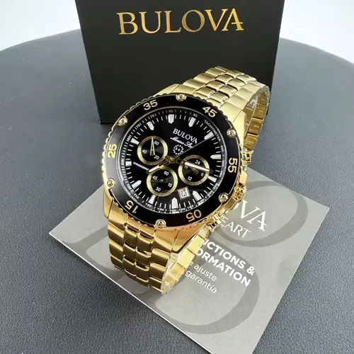 Men Bulova Marine Star Black/Gold Dial Chronograph 98B406 Quartz Watch 41.5mm