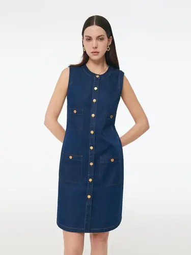 Denim Stretch Front Button Women Mini Dress