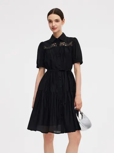Tencel Blend Women Tiered Mini Dress With Ribbon