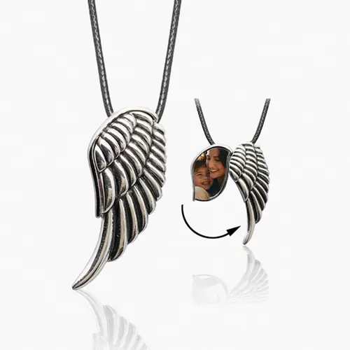 925 Silber Personalisierte Foto Medaillon Kette – 3D Engelsflügeln Anhänger, Wächter Geschenke für Männer