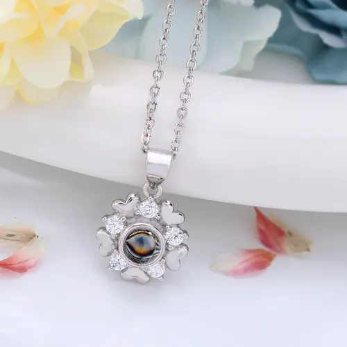 Personalisierte Kette mit Foto drin im Stein- Zirkon Herz Blume Anhänger mit Foto Projektion