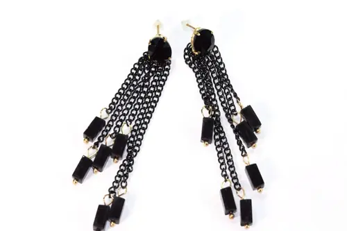 Black Chain Bead Dangle Earrings Long Tassel Drop Light