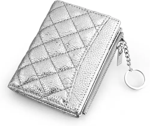 befen Genuine Leather Slim RFID Bifold Wallet Women with Zipper Pocket Keychain - Metallic Silver Purse