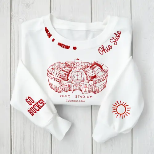 Ohio Stadium - Ohio State Buckeyes football Unisex Distressed Monogram Collar Sleeve Embroidery Chain Stitch Sweatshirt
