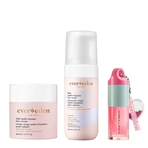Evereden Happy Kids Skin & Lips Routine - Multi-Vitamin Face Wash & Face Cream Peach & Tinted Lip Oil Sakura Pink Set - Clean & Vegan Skin Care for Kids 3+ - Moisturizing, Nourishing, & Protective