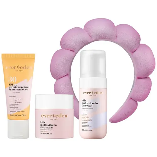 Evereden Kids Skincare Bundle: 1-2-3 Routine with Multi-Vitamin Peach Face Wash, Cream, SPF 30 & Spa Headband – Gentle, Nourishing Skincare & Fun Hair Management for Kids – Perfect for Daily Care