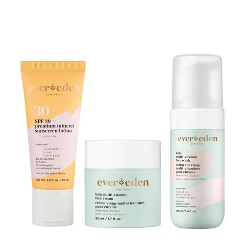 Evereden Kids Daily 1-2-3 Routine Bundle: Clean & Vegan Skin Care Set - Hydrating & Nourishing Tween Skincare Set with Multi-Vitamin Face Wash, Face Cream, Lotion, & SPF 30 Mineral Sunscreen (Melon)