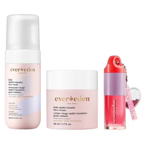 Evereden Happy Kids Skin & Lips Routine - Multi-Vitamin Face Wash & Face Cream Peach & Tinted Lip Oil Ruby Red Set - Clean & Vegan Skin Care for Kids 3+ - Moisturizing, Nourishing, & Protective