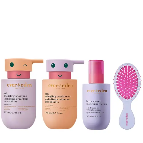 Evereden Kids Complete Haircare Set: Hair Detangling Shampoo, Conditioner & Spray for Children Ages 3+ & Pain-Free Hair Brush, Plant Protein Peptides & Argan Oil, Vegan, Free from Sulfate and Paraben